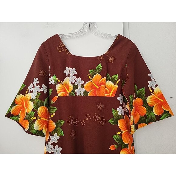 Vintage Ui Maikai Brown Orange Hibiscus Floral Print Hawaiian Maxi Dress 14 Luau - Picture 3 of 9